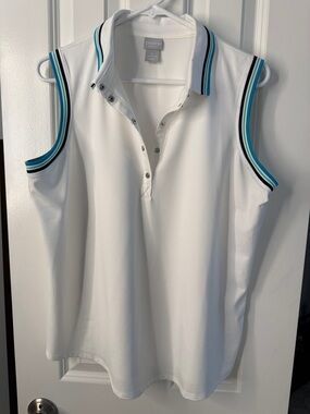 Chico's White Sleeveless Polo Tank with Blue & Teal Stripe Trim